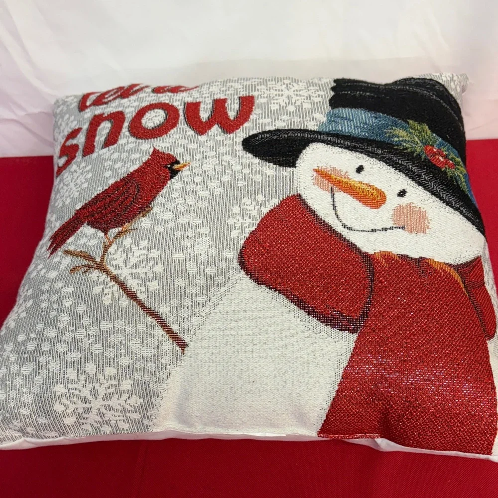 Festive Red Cardinal & Snowman Throw Pillow 15x15x6